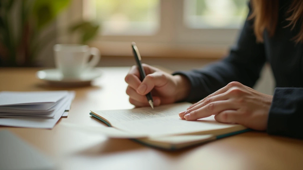 Hands writing in a notebook on a wooden desk