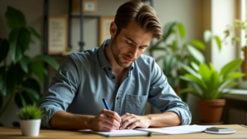 A person writing at a table near green plants