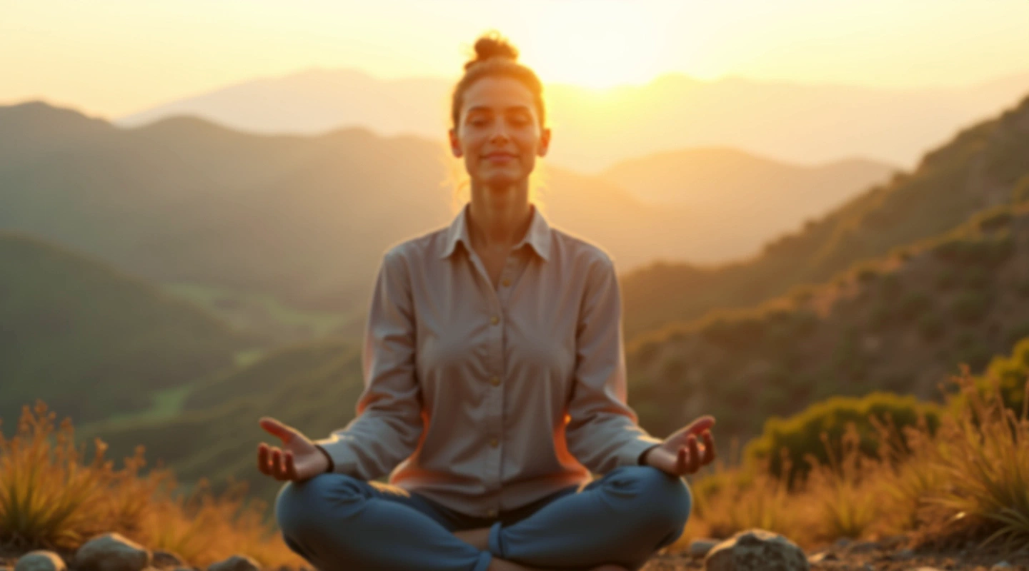 A person sitting quietly outdoors with mountains in the background
