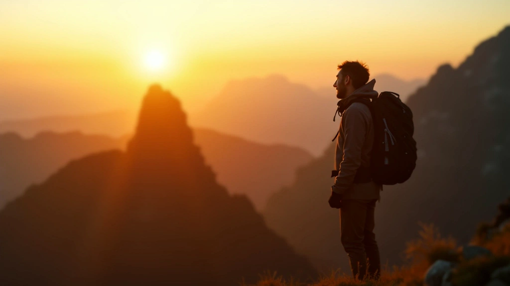 A person looking across a mountain landscape at sunset
