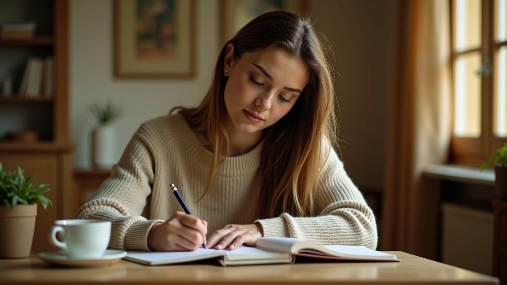 A woman writing in a notebook in a peaceful room