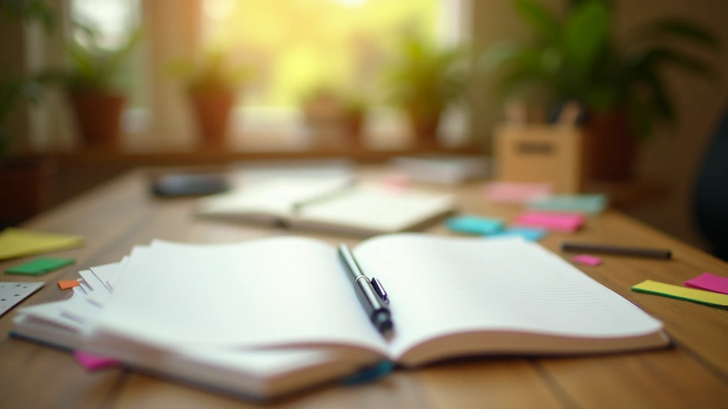 A desk with notes and a reflection journal